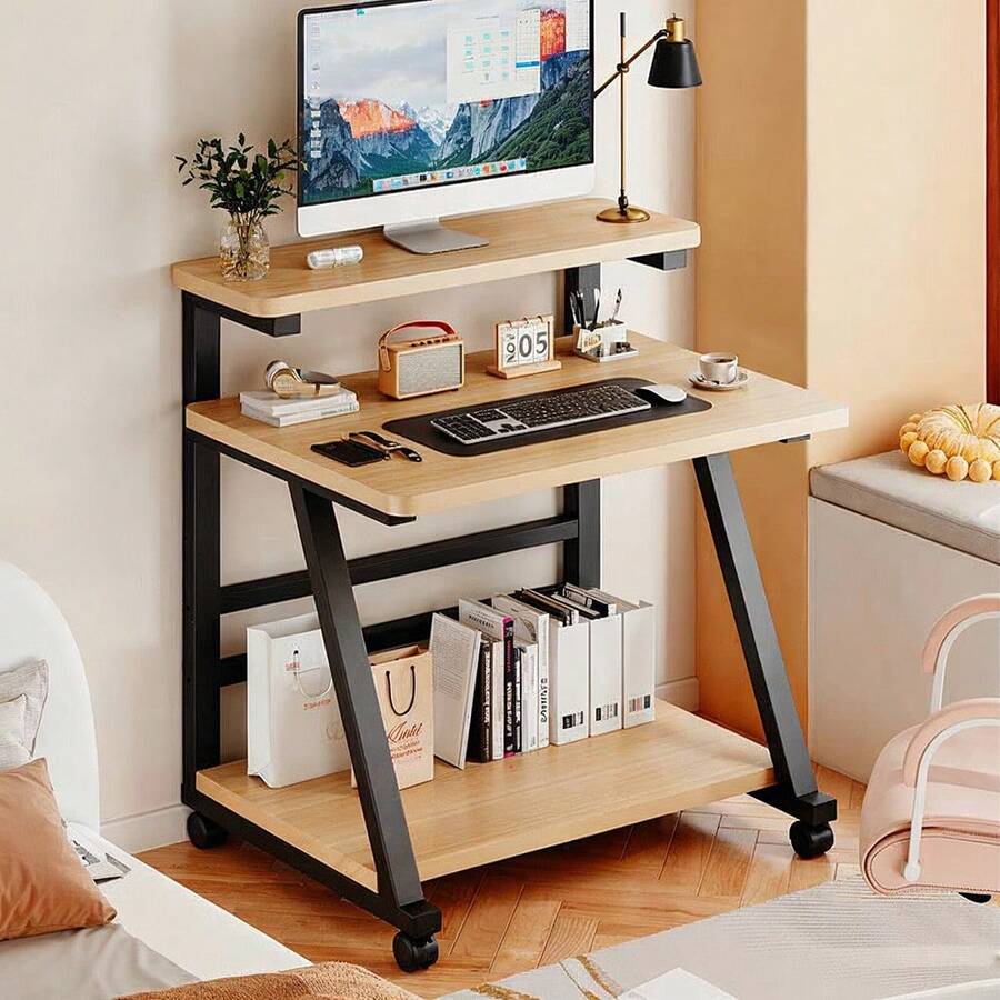 Space-Saving 3-Tier Desk With 4 Rolling Wheels Scratch-Resistant Surface Monitor Work Storage Shelves For Home Office - Black + Natural Wood Colour - View 1