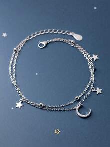 可调节银色奢华双层星月闪亮链条手链（女士款） - 銀色 - 查看 2