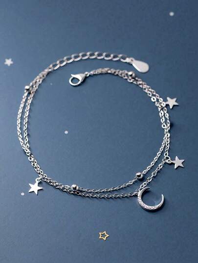 可调节银色奢华双层星月闪亮链条手链（女士款）