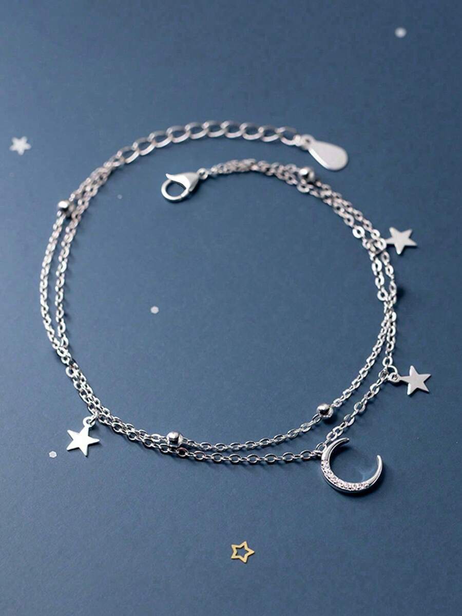 可调节银色奢华双层星月闪亮链条手链（女士款）