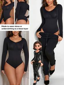 Bodysuits For Women Ribbed Long Sleeve Tummy Control Tops Bodysuits Black Summer - Black - View 7