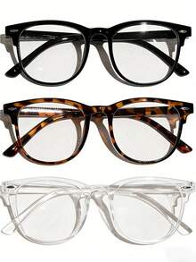 3-Pack Minimalist Plain Glasses Set – Transparent, Black & Tortoiseshell Frames, Unisex Fashion Decorative Eyewear - 黑色+透明+玳瑁色 - 查看 11