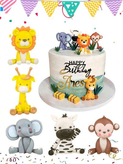 Jungle Animal Cake Toppers, Lion Giraffe Monkey Elephant Zebra Themed Birthday Decorations, Cute Animal Cake Decorations Suitable For Birthday Party Supplies, Wild Animal Theme, Birthday Gift