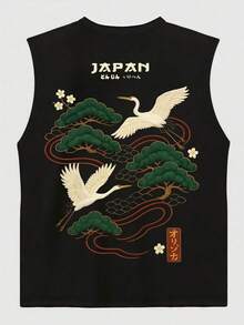 男士夏季休闲无袖印花圆领背心，1件装，适合运动、健身和日常穿着。 - 黑色 - 查看 3