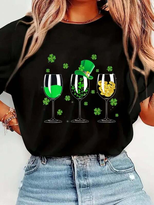 100% Cotton Three Wine Glass St Patrick's Day Shamrock Gift Womens Mens T-Shirt Short Sleeve Round Neck Casual Top For Summer & Spring, Women's Men's Graphic Tee