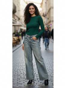 High-Waisted Rigid Denim Wideleg Fit Jeans - Authentic Dirty Blue Wash 100% Coton, Made In Türkiye - Blue - View 5