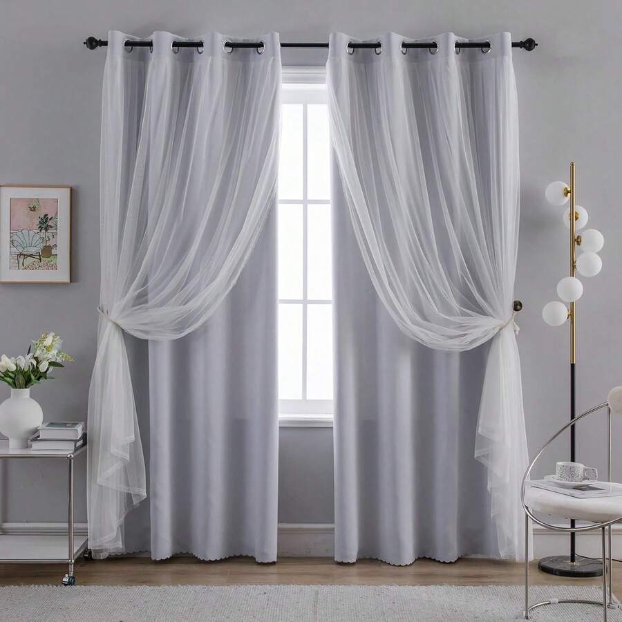 Blackout And Sheer Layered Solid Window Curtain Panel Pair With Grommet Top, 52Wx63L, Orange - Anytime Use - 灰白色 - 查看 1