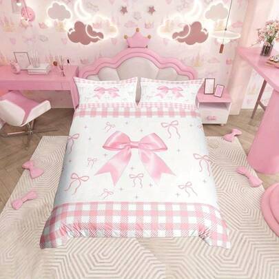 2/3pcs White Pink Bowknot Duvet Cover Set With Bow Ribbon Bedding - Soft Microfiber All-Season Comforter Set With Zipper Closure, Plaid Bow Design & Pink Bow Accents, Machine Washable For Adults, Home Decor, Festival Gifts