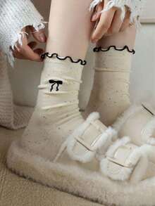 5 Pairs Women's Polka Dot Bow Ruffle Hem Thick Mid-Calf Socks, Suitable For Autumn/Winter - Multicolor - View 3