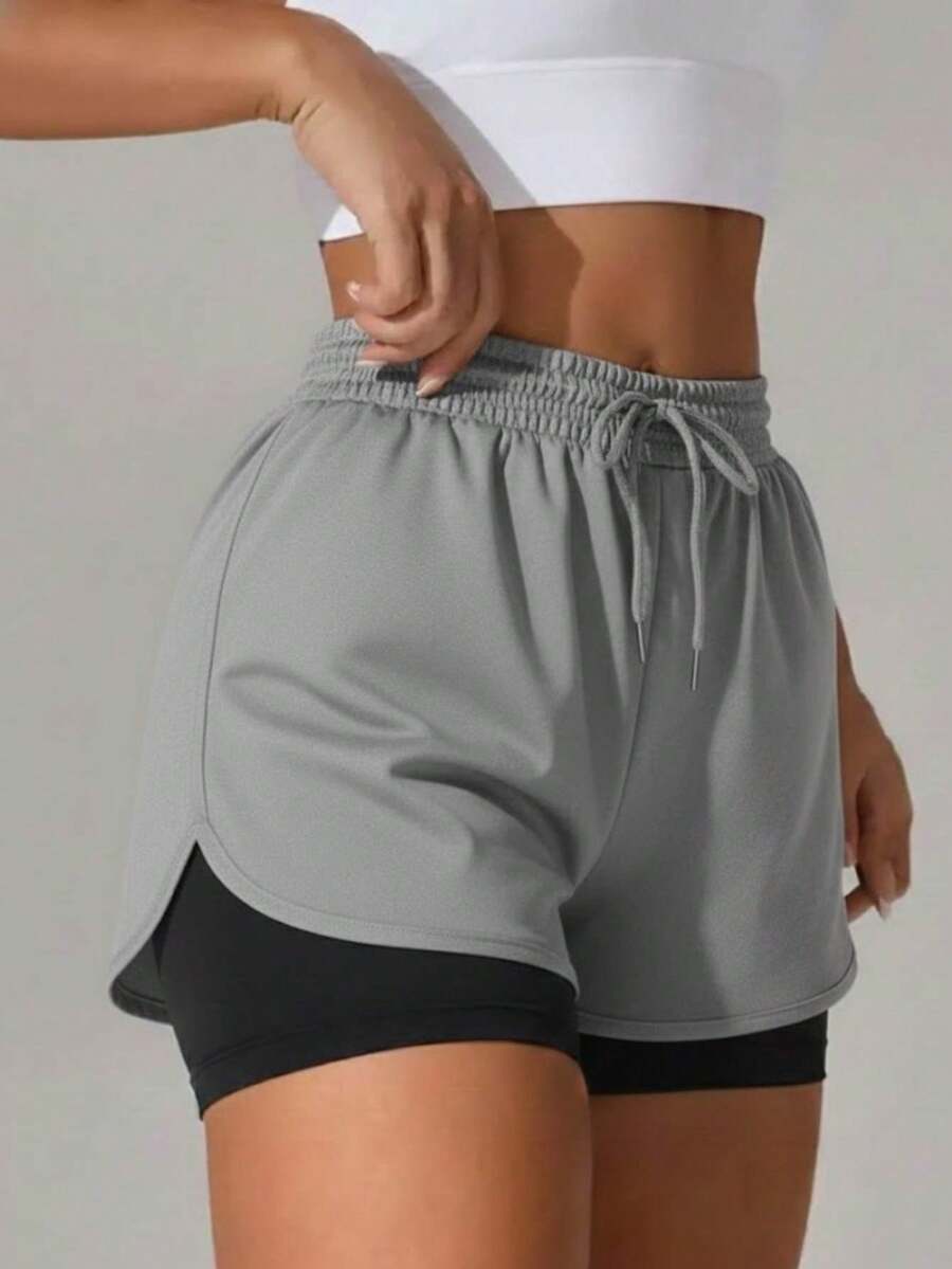 Women's Double-Layer 2-In-1 Dryfit Gym Shorts For Training, Hiking, And Other Sports - Grey - View 1