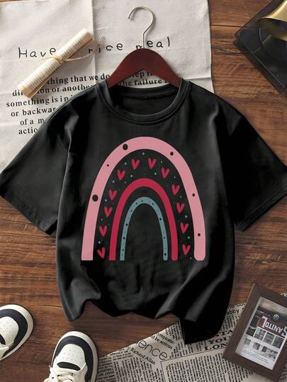 Valentine's Day Women's Short Sleeve T-Shirt Cute Rainbow Heart Graphic Crewneck Tee Casual Loose Fit Soft Comfy Top Holiday Couple Matching Outfit Daily Wear