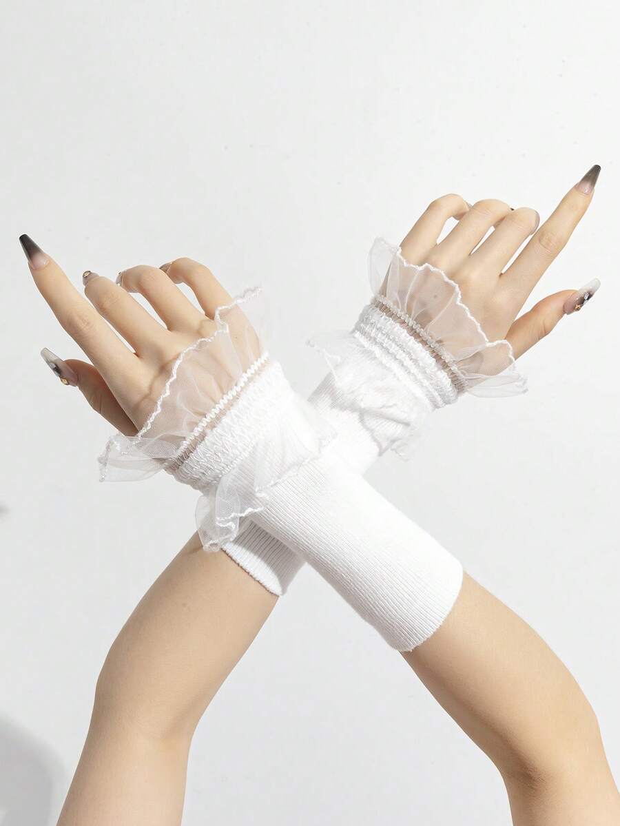 1 pereche mâneci detașabile cu manșetă, tricotate din dantelă, plasă tip patchwork, stil vintage, pentru purtare zilnică - Alb-032 - Vizualizare 1