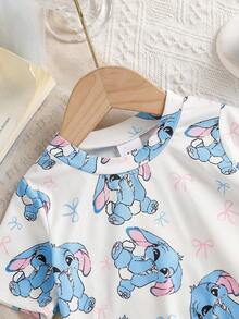 Baby Girls' Cute Casual Knit Bow & Rabbit Print T-Shirt And Blue Elastic Waist Bow Print Shorts Set, Summer - Blue - View 3