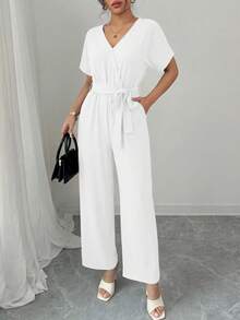 Women's Jumpsuit Casual Short Sleeve Wrap V Neck Belted Wide Leg Pants - trắng - Xem 5