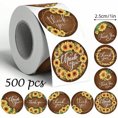 500 adesivos de agradecimento com estampa de girassol e textura de madeira, 2,5 cm de diâmetro, 8 modelos diferentes, ideais para sacolas de doces, presentes com flores, caixas de bolo, lembrancinhas e embalagens decorativas DIY. Adesivos de PVC impermeáveis para vedação.