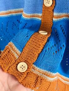 蓝白橙撞色镂空针织背心，V领单排扣无袖开衫 春季 - 藍白色 - 查看 7