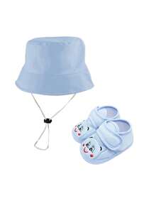 2Pcs Baby With Tether Windproof Bucket Hat & Silicone Anti-Slip Socks Set - 0-12 Months Unisex Windproof Sun Protection Black Pink Blue - Multicolor - View 15