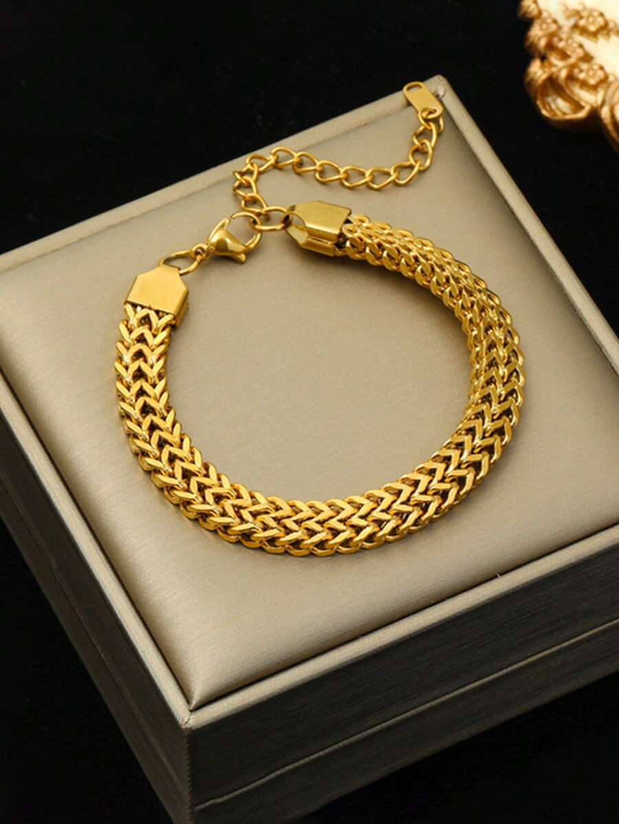 1pc Stainless Steel Heavy-Duty Hip Hop Punk Thick Chain Bracelet, Fashionable Street-Style Accessory - Yellow Gold - View 1