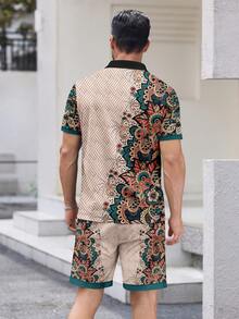 Men's Retro Floral Print Polo Collar Short Sleeve Shorts Set, Casual Beach Holiday - 彩色 - 查看 4