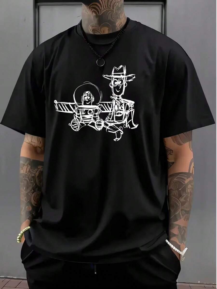 [Authorized] Men's T-Shirt Disney Toy Story Summer T-Shirt Short Sleeve Loose And Comfortable Casual Black Fashion  Men's American Men's Sports Breathable Round Neck Women's Thin Handsome Top - Black - View 1