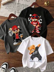 3件装 小男孩卡通熊字母印花短袖T恤 - 彩色 - 查看 1