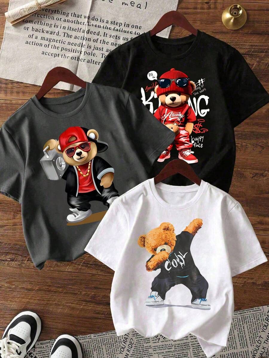 3件装 小男孩卡通熊字母印花短袖T恤 - 彩色 - 查看 1