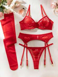 Romantic Red Lace Lingerie Set With Hearts - Perfect For Valentine's Day, Anniversaries & Special Nights, Complete Your Daring Look - Red - View 5