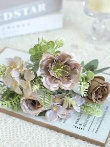 1支/3支粉色人造绣球花假牡丹丝绸花玫瑰花束，适用于家居婚礼新娘捧花装饰，假玫瑰花束丝绸雏菊蒲公英散装，适用于婚礼家居派对装饰餐桌摆件 - 咖啡色 - 查看 8