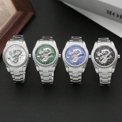 RICECGO 1 pieza Reloj de pulsera de cuarzo de lujo para hombres, esfera con diseño de dragón, correa de acero inoxidable, regalo ideal para cumpleaños, Día de San Valentín