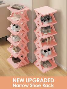 9/6 Tier Vertical Shoe Stand Space Saving Narrow Shoe Rack, Small Shoe Shelf, DIY Free Standing Shoes Storage Organizer For Entryway, Closet, Hallway, Easy Assembly And Stable In Structure, Black & White, Plastic Material, Consumables - 粉色升級版 - 查看 13