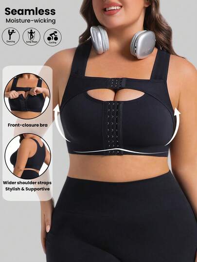 1pc Plus Size Women's Casual Fashion Front Button Adjustable Wireless Bra, Seamless Breathable Removable Pads, Suitable For Daily Wear, Fitness, Yoga