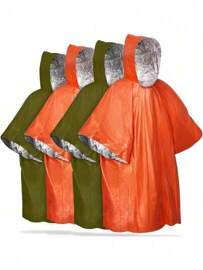 Emergency Survival Rain Poncho & Insulated Blanket - Reversible Pe-Film Emergency Coat With Reflective Strip, Waterproof Windproof Disposable/Reusable Rescue Cloak And Thermal Mylar Space Blanket; Packable, One-Size-Fits-All Survival Bivvy Poncho For Hiking, Camping, Backpacking, Festival, Roadside Car Kit, Fishing, Hunting, Emergency Shelter, Hypothermia Protection; Reinforced Stitching, High-Visibility, Lightweight Compact Design, Camping Equipment, Camping Essentials