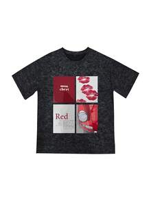 Women's Summer New Lip Pattern And Letter Print Round-Neck Short-Sleeve T-Shirt, Casual Loose Versatile Top, Stylish Daily Wear - Black - View 3