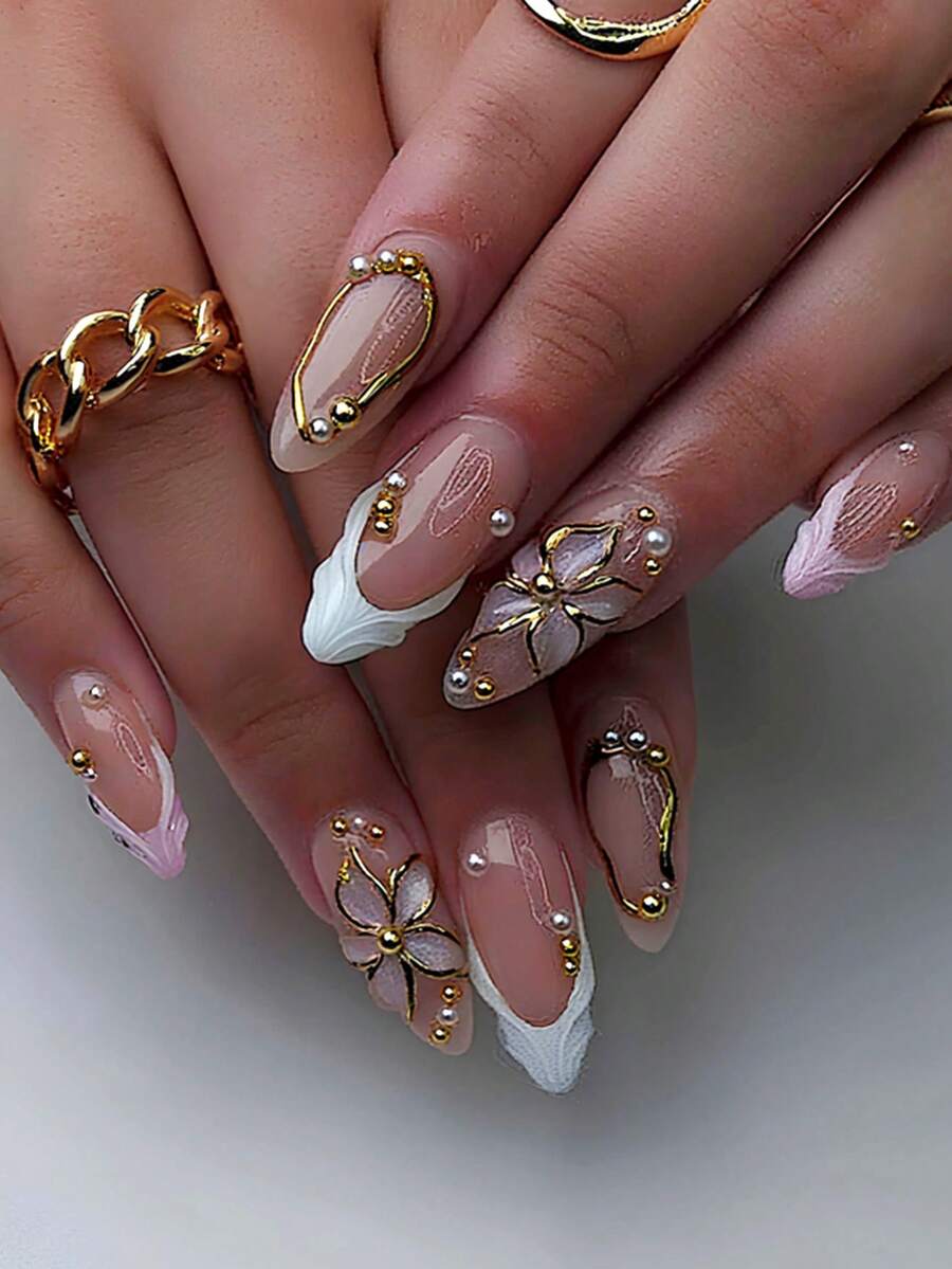 24pcs French Almond Shaped 3D Floral Pattern Acrylic Nail Stickers, Gold Line Decor, Rhinestone Design, Y2K Style, Smooth Surface, Full Coverage, Suitable For Women And Girls Daily Wear - Multicolor - View 1