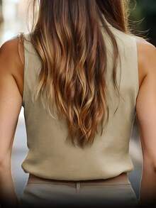 1件女士优雅无袖纯色衬衫背心，适合夏季办公室、度假、休闲、约会等场合。 - 淺杏色 - 查看 3