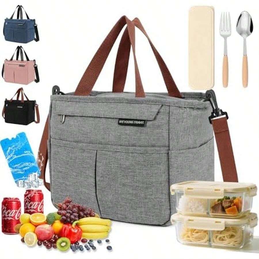FUWEN Gran Capacidad Bolsa del Almuerzo, Bolsas Térmicas para Hombres y Mujeres Reutilizable, con Correa, Tenedor, Cuchara, Cristales Hielo, Forro a Prueba de Fugas, para Picnic, Trabajo, Camping - Gris - Ver 1