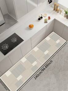 1pc Silica Gel Kitchen Floor Mat, Geometric Patchwork Striped Pattern: White Base With Interlocking Light Gray/Pale Gray Blocks, Each Block Filled With Dense Horizontal Line Textures, Presenting A Minimalist Modern Geometric Style. - Multicolor - View 17