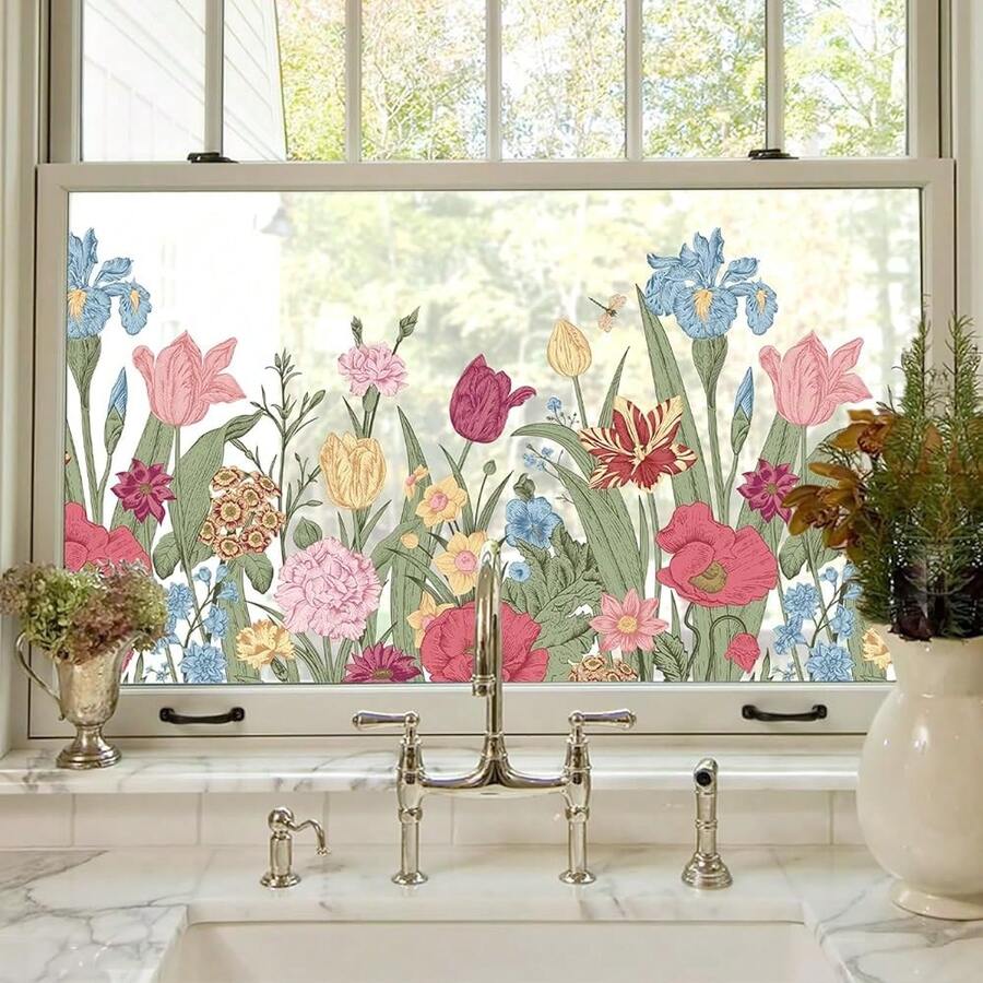 Window Privacy Film,Colorful Floral Window Stickers,Removable DIY Bouquet Static Clings, Decals For Home Schoolsss Office Party Supplies, Rhythm Of Flowers, 17.5inch X 78.7inch - 花之韻 - 查看 1