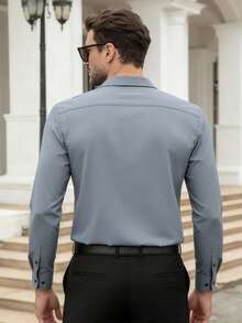 Men's Long Sleeve Shirt, Fashion Minimalist Button Color Block Casual Shirt, Suitable For Spring And Autumn - Grey - View 2