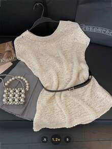 Áo dệt kim không tay cổ tròn dáng cánh dơi dành cho nữ, mẫu mới mùa hè 2026, chi tiết dệt gân, chiều dài tiêu chuẩn (không kèm thắt lưng) - Màu be - Xem 8