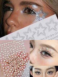 4张闪亮爱心、星星和珍珠点缀的魅力脸部贴纸套装 | 打造眼妆和派对造型 | 可爱奢华的情人节和节日风格 - 彩色 - 查看 5