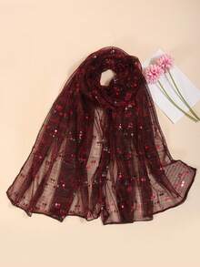 1条女士轻薄纯色双波点亮片头巾，适合所有季节，中东风情头巾，装饰围巾，沙滩披肩，日常使用 - 酒紅色 - 查看 2