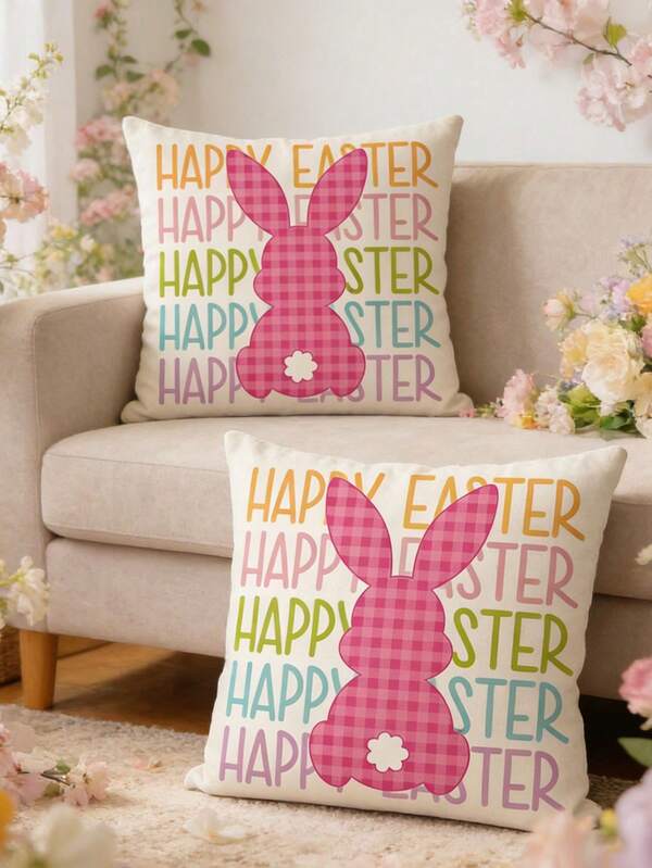 1pc Vintage Easter Bunny Throw Pillow Cover, Happy Easter Linen Cushion Cover, Seasonal Modern Home Sofa Bedroom Decorative Pillow Sham With Zipper, Hand Wash Only - Fits Multiple Room Types