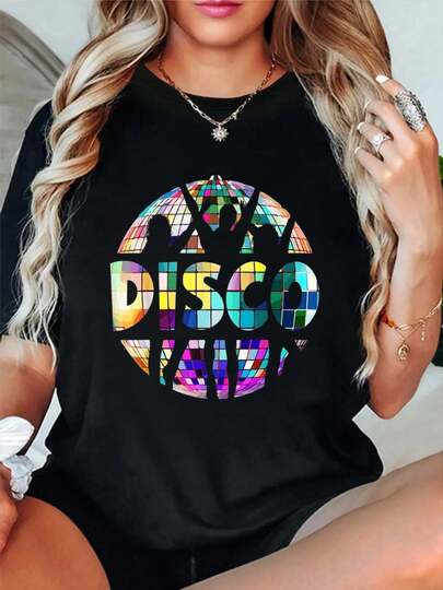 100% Cotton Disco Funny 70s Vintage Theme Dancing 70's Women T-Shirt Short Sleeve Round Neck Casual Top For Summer & Spring, Women's Men's Graphic Tee