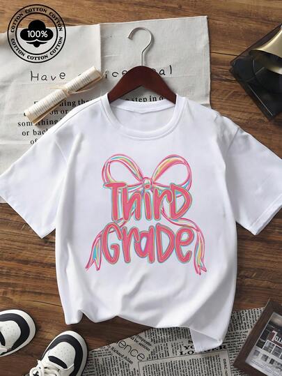 Women's Casual Short Sleeve T - Shirt Third Grade Bow Print Crew Neck Loose Fit Tee Top, Back To School Graphic Tee For Summer Daily Wear, Cute Teacher Student Casual Tshirt