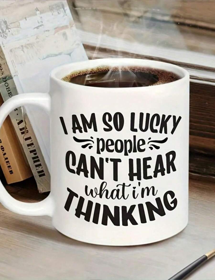 Taza de café de cerámica de 11 onzas - Reutilizable, apta para lavavajillas y microondas, con impresión "Soy tan afortunado de que la gente no pueda oír lo que estoy pensando" - Blanco - Ver 1