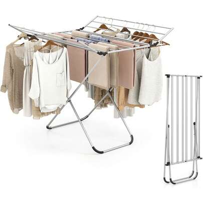 Folding Clothes Drying Rack, Freestanding Aluminum Laundry Drying Rack With 2 Side Wings, Portable Space-Saving Clothing Airer For Indoor Outdoor Use