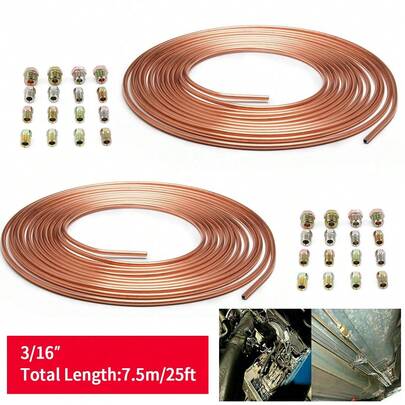 2X 25FT Copper Brake Pipe Hose Line Tube Roll 3/16'' Fittings Tubing Kit 32 Nut