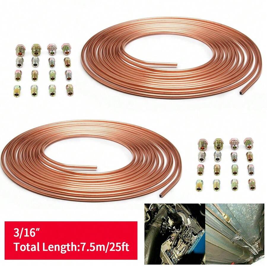 2X 25FT Copper Brake Pipe Hose Line Tube Roll 3/16'' Fittings Tubing Kit 32 Nut - A - View 1