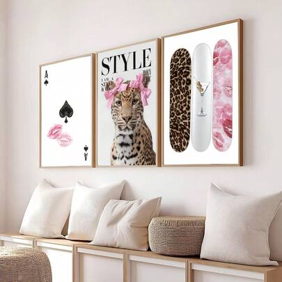 1/3 piezas Estampado de leopardo, arte de pared de lienzo con patrón de bola de 8 de la suerte, póster de niña rosa, decoración elegante adecuada para dormitorio, sala de estar o dormitorio, regalo para ella, sin marco